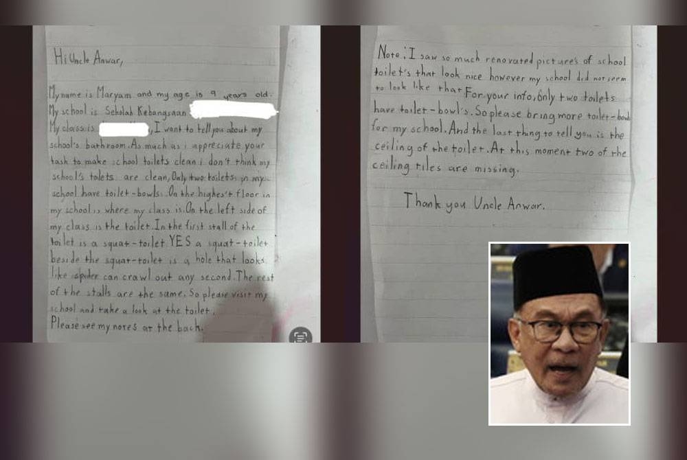 Anwar berkongsi surat Maryam yang ditulis tangan dalam bahasa Inggeris di Facebooknya.