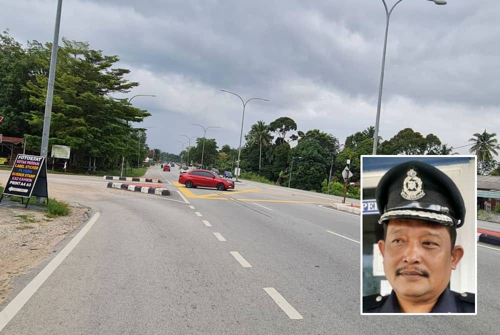 Lokasi di mana kemalangan berlaku yang melibatkan sebuah motosikal dan kereta pada Sabtu. Gambar kecil: Mohd Adli