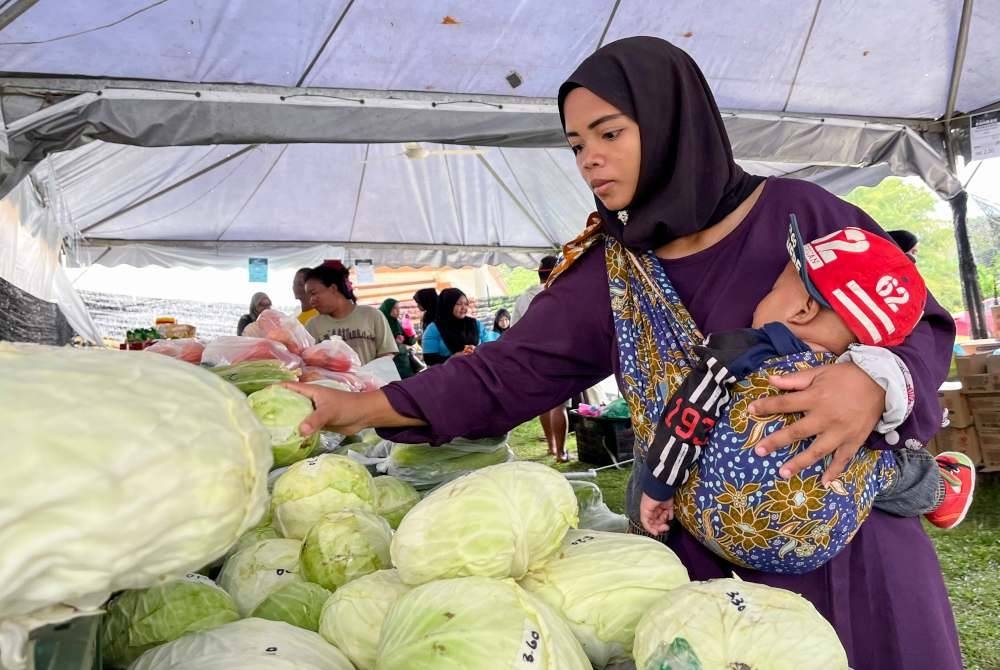 Alisa menggendong bayi, Muhammad Arifan Asri, 9 bulan, memilih sayur kobis pada harga murah sempena Jualan Rahmah Kasih Sayang di Rancangan Pengumpulan Semula (RPS) Kuala Betis, pada Selasa. - Foto Bernama