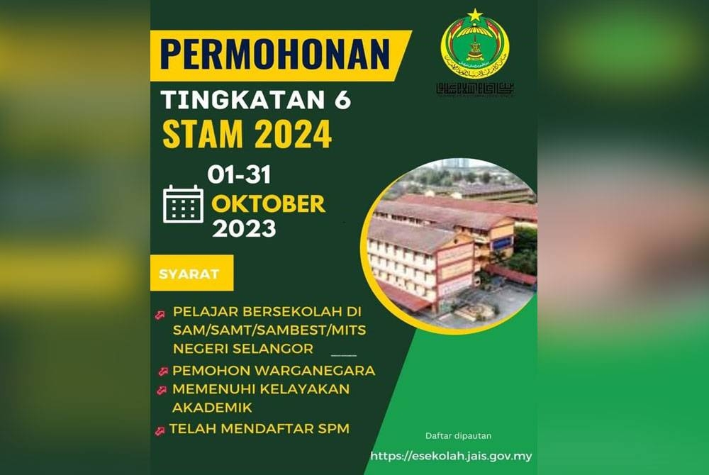 Permohonan Tingkatan Enam ke Sekolah Agama Menengah dan Sekolah Agama Menengah Tinggi turut dibuka pada 1 sehingga 31 Oktober.