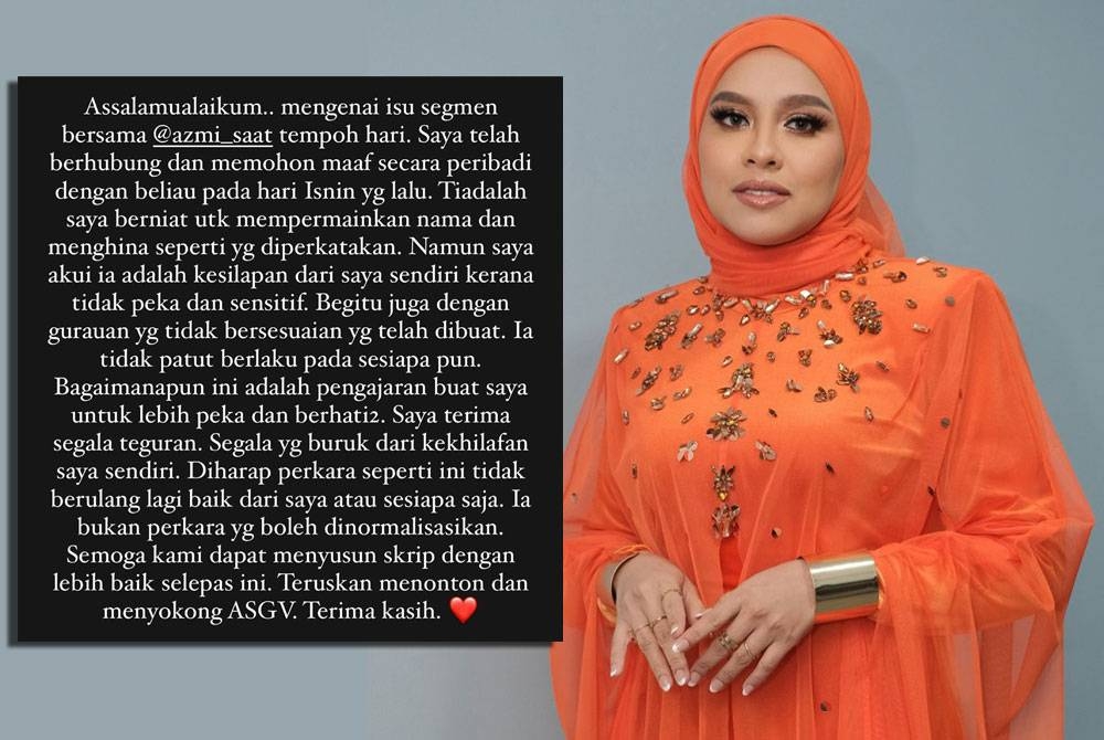 Jihan Muse tampil memohon maaf susulan tindakannya mempersenda nama bapa penyanyi Azmi Saat ketika mengendalikan program All Stars Gegar Vaganza pada Ahad lalu.