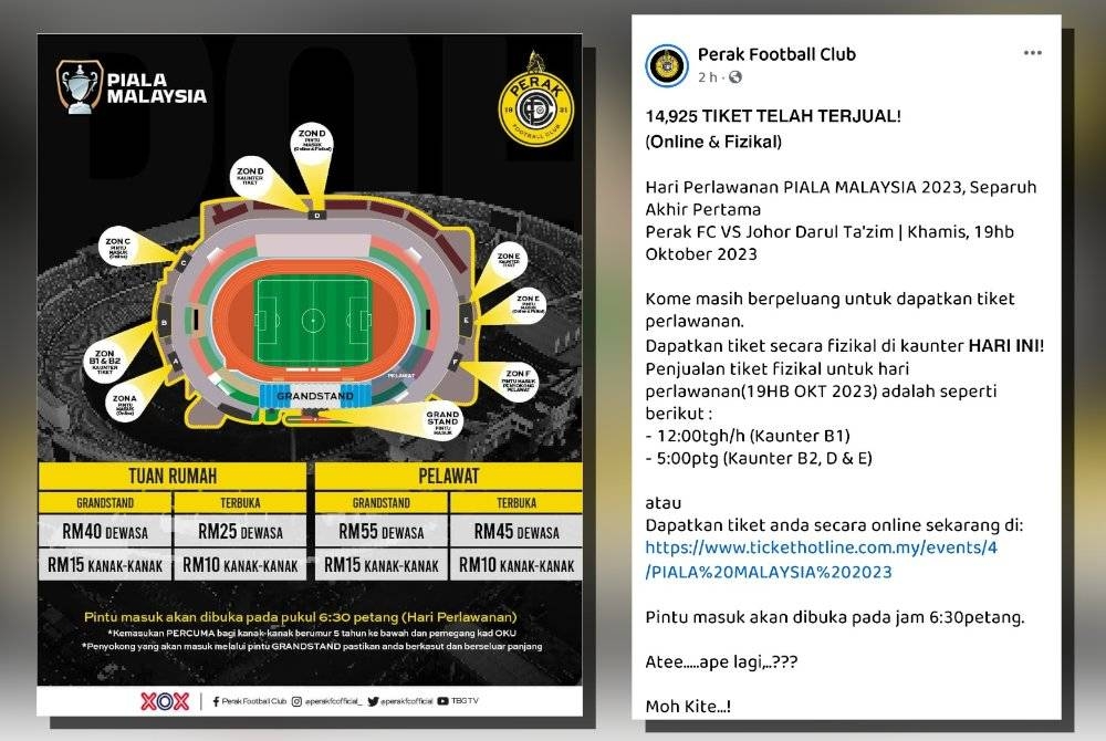 Perak FC menerusi hantaran di Facebook memaklumkan sehingga jam 10 pagi tadi sebanyak 14,025 tiket perlawanan separuh akhir pertama Piala Malaysia di antara Perak FC dan JDT terjual.