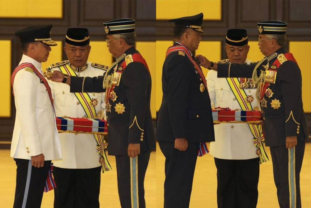 Al-Sultan Abdullah hari ini berkenan mengurniakan darjah Panglima Gagah Angkatan Tentera Kehormat kepada Marsekal (Marshal) Fadjar Prasetyo dan Mej Jen Kelvin Khong pada Istiadat Pengurniaan Darjah Kepahlawanan Angkatan Tentera Malaysia 2023 sesi kedua di Istana Negara. - Foto FB Bernama