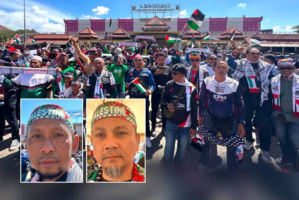 Hampir 1,000 peminat motosikal dari seluruh Kelantan menyatakan solidariti terhadap Palestin pada himpunan di Stadium Sultan Muhammad IV, di sini pada Jumaat. Gambar kecil dari kiri: Suhaizly, Rahami