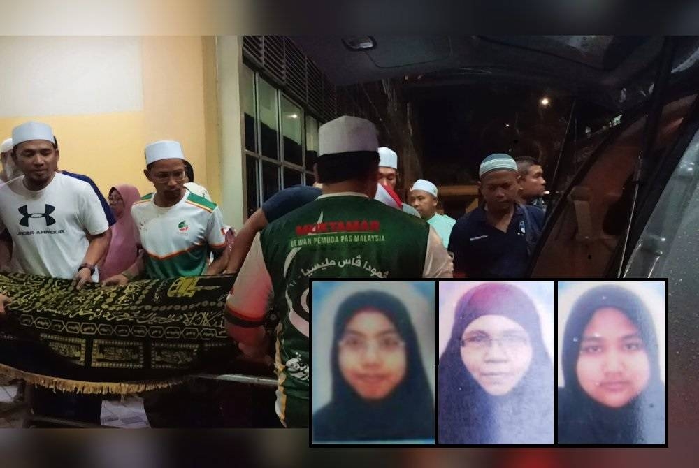 Ahli keluarga dan anggota Pas Sungai Petani membantu urusan jenazah tiga Muslimat Pas yang terkorban dalam nahas dekat Behrang pada Jumaat. (Gambar kecil: Nurul Najihah, Taibah, Fatihah Nabila)