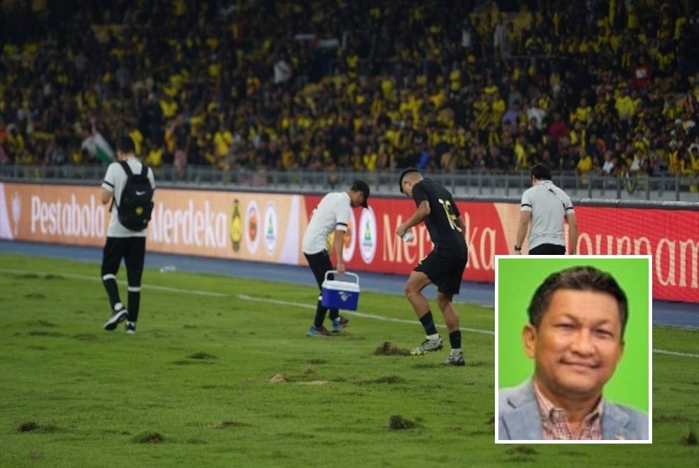 Padang di Stadium Nasional Bukut Jalil mengalami kerosakan di beberapa bahagian ketika aksi Malaysia menentang India pada Pestabola Merdeka 2023 minggu lalu. Gambar kecil: Azlan.