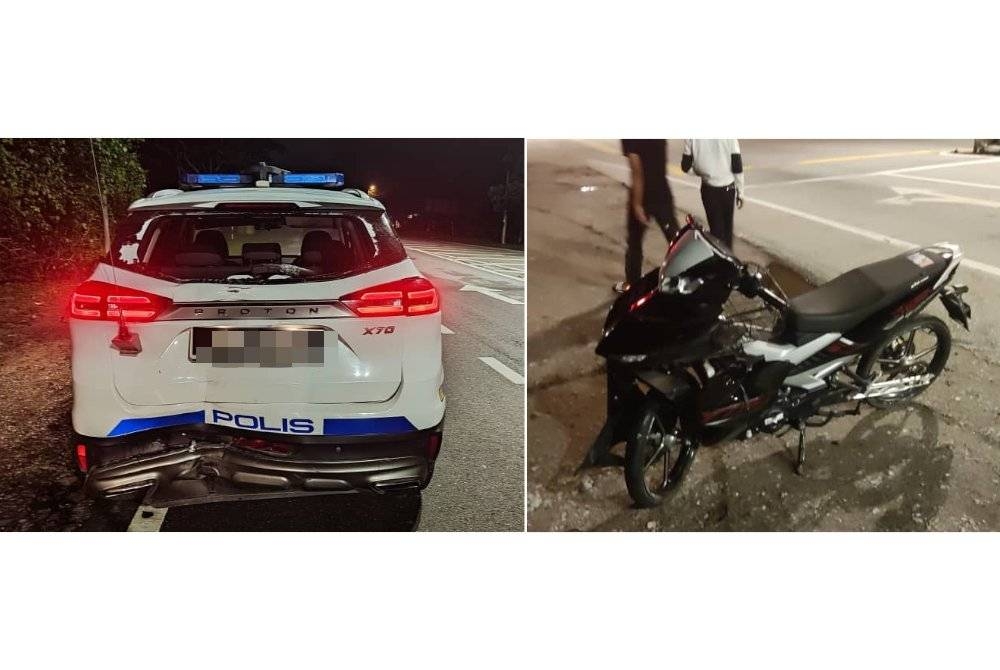 Keadaan SUV polis dan motosikal selepas kemalangan di KM4 Jalan Raya Timur Barat Gerik-Jeli berhampiran lampu isyarat Bandariang, Gerik pada Ahad. - Foto sumber