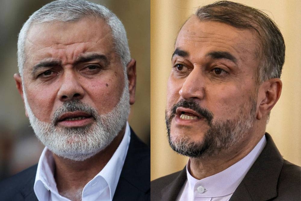 Dari kiri: Ismail Haniyeh, Hossein Amir-Abdollahian