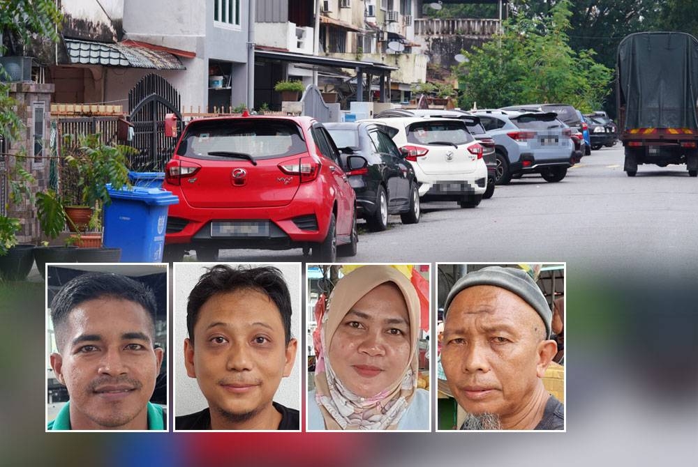 Deretan kenderaan diparkir di hadapan rumah. Gambar kecil dari kiri: Nik Mohd Marzuki, Mohamad Hafiz, Hasliza, Mustafar