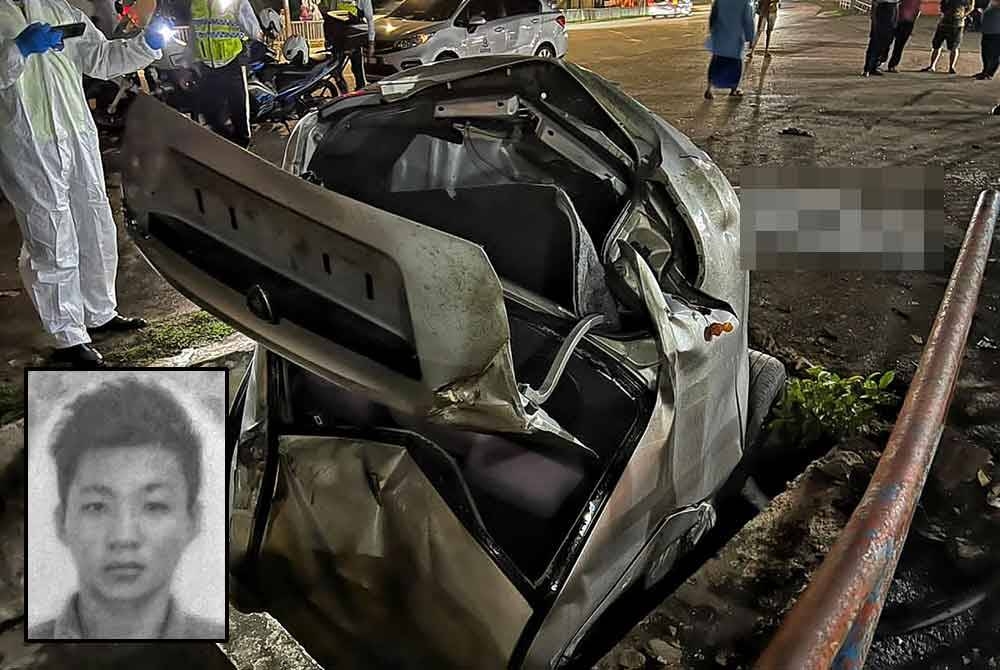 Kereta Proton Saga dipandu mangsa terjunam dalam longkang besar di IPG Kampus Perempuan Melayu, Jalan Durian Daun di sini, pada malam Rabu. Gambar kecil: Shen Hao