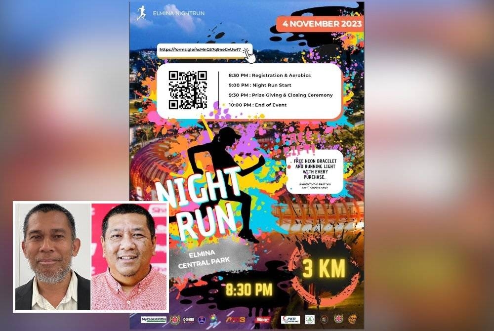 Night Run Elmina akan berlangsung di Elmina Central Park pada jam 8.30 malam 4 November ini . (Gambar kecil: Ahmad Faudzi, Nik Justin)