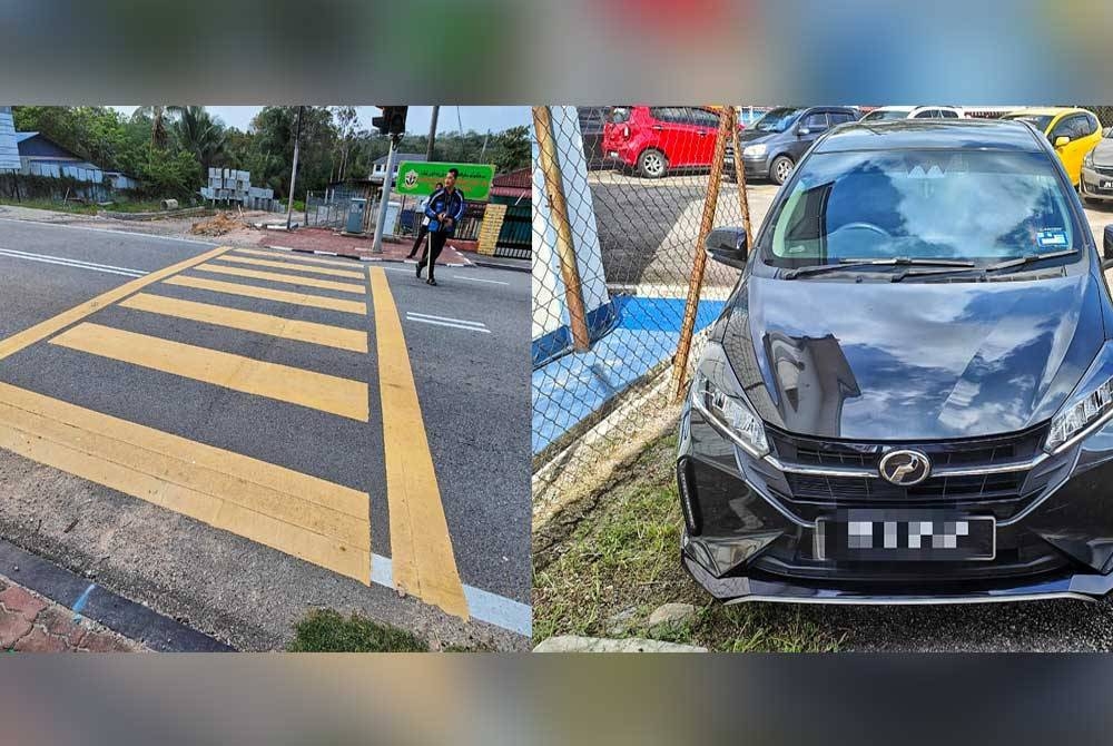 Lokasi kemalangan yang mengakibatkan seorang murid tahun empat cedera bergesel dengan kereta ketika melintas jalan. Kereta Perodua Myvi yang bergesel dengan mangsa (kanan).