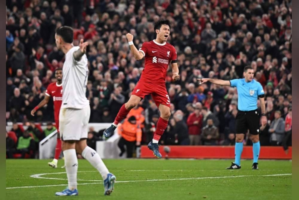 Endo meraikan jaringannya ketika berdepan Toulouse di Anfield. - Foto AFP