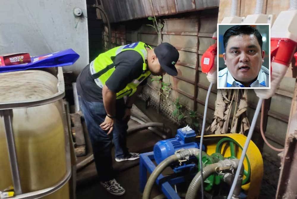 Seorang petugas KPDN Kuala Lumpur memeriksa tangki penyimpanan diesel bersubsidi negara yang cuba diseleweng oleh pihak tidak bertanggungjawab di sebuah stor haram. Gambar kecil: Ariffin