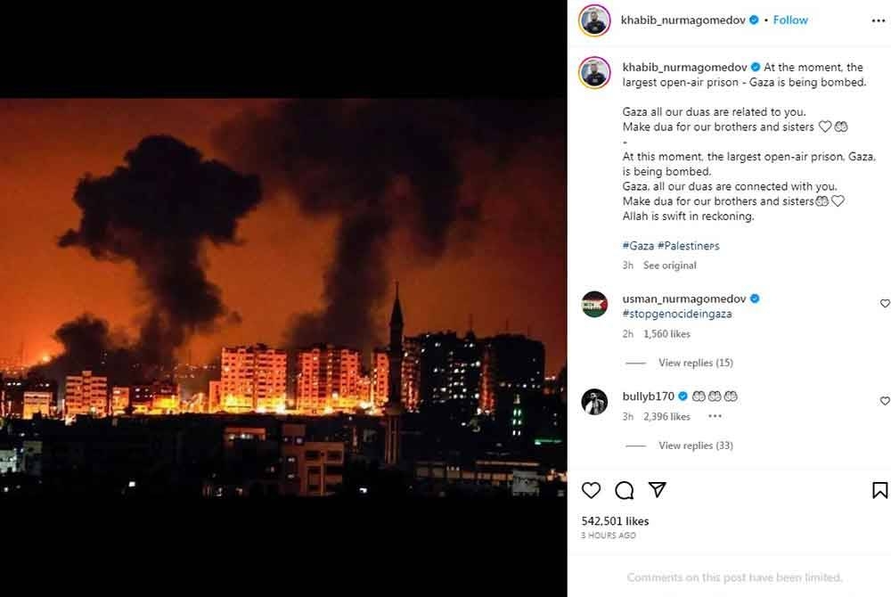 Bekas atlet seni bela campuran (MMA), Khabib Nurmagomedov berkongsi keadaan terkini Gaza yang dibom dalam kegelapan oleh tentera Israel di akaun Instagramnya. - Agensi