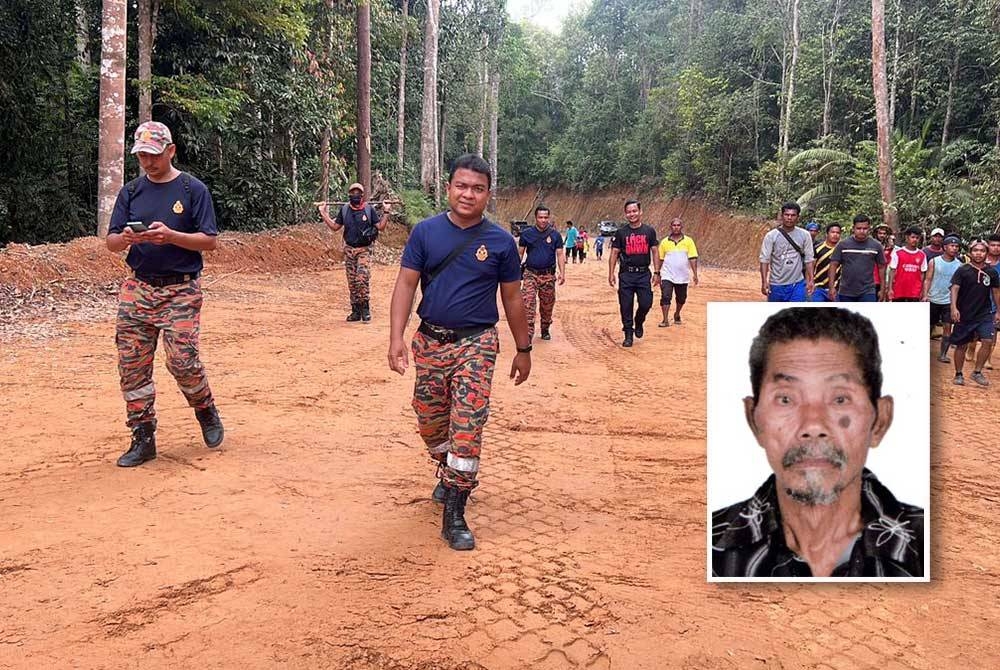 Pasukan bomba dan polis bersama penduduk kampung melakukan pencarian dengan radius 4km kawasan hutan di Kampung Saseh, Pos Perwor, Sungai Siput pada Sabtu. Foto: Ihsan Bomba Perak (Gambar kecil: Ali)