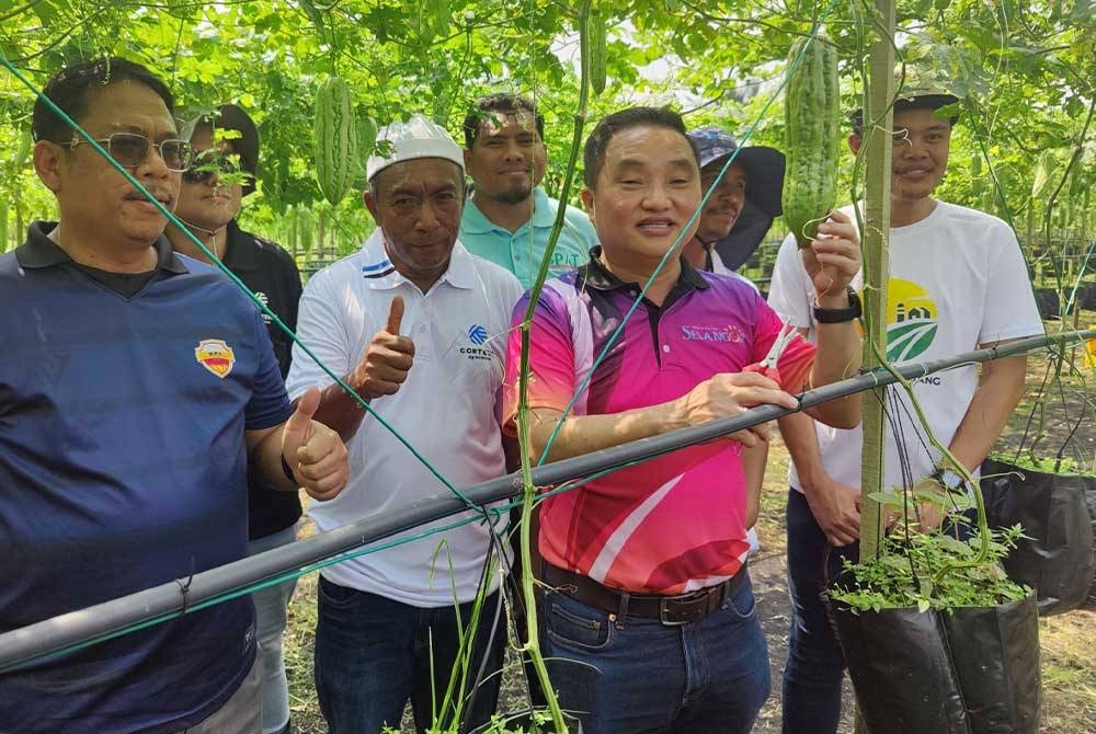 Suee Lim (depan, kanan) bersama Ketua Pegawai Eksekutif Tourism Selangor, Azrul Shah Mohamad (depan, kiri) melawat kebun peria sempena Lawatan Projek Pelancongan Sungai Panjang pada Sabtu.