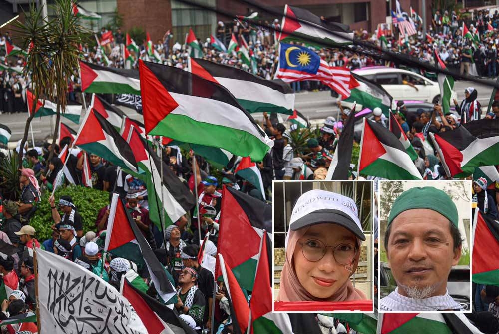 Lebih 10,000 peserta hadir pada Himpunan 10,000 Solidariti Palestin. Gambar kecil dari kiri: Iffah, Muhammad Nor