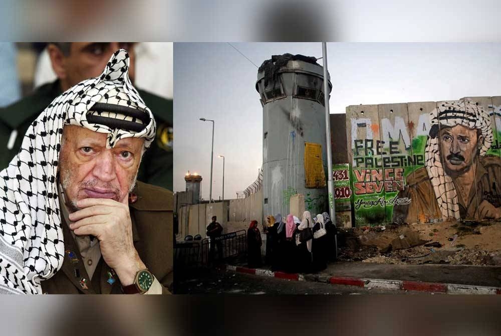 (Gambar kiri) Yasser Arafat. (Gambar kanan) Mural Yasser Arafat pernah menghiasi tembok pemisah dibina Israel di Qalandia yang memisahkan Tebing Barat dan Baitulmaqdis Timur.