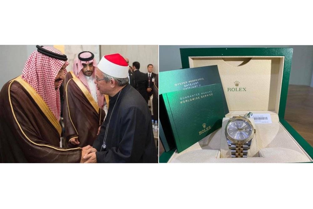 Gambar kiri: Zulkifli (kanan) memuat naik gambarnya bersama Raja Arab Saudi, Raja Salman. (Gambar kanan) Jam jenama Rolex pemberian Raja Salman yang ingin dilelong Zulkifli.