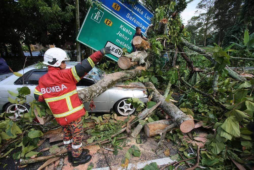 Keadaan kereta Proton Waja dinaiki sepasang suami isteri yang dihempap pokok di Jalan Seremban-Mantin, Negeri Sembilan pada Isnin.