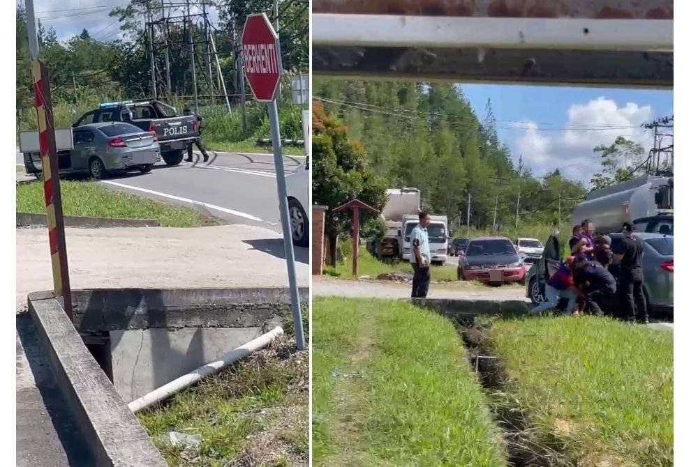 Kenderaan polis berjaya memintas kereta yang dilarikan suspek.