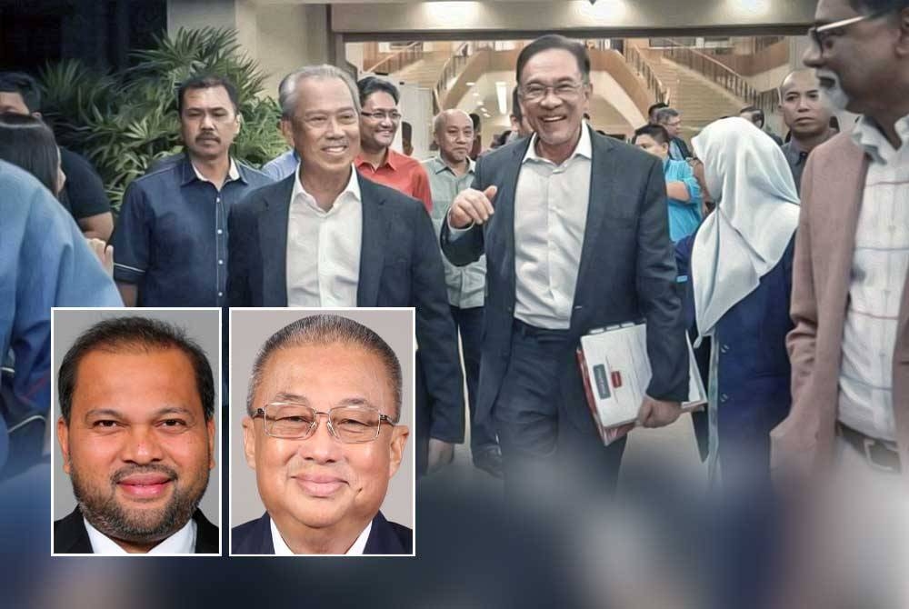 Perkembangan terkini dua ahli Parlimen PN menyatakan sokongan terhadap Anwar pastinya memberi tamparan hebat kepada Pengerusinya, Tan Sri Muhyiddin Yassin (dua dari kiri) dan Pas. (Gambar kecil dari kiri: Iskandar Dzulkarnain, Suhaili)