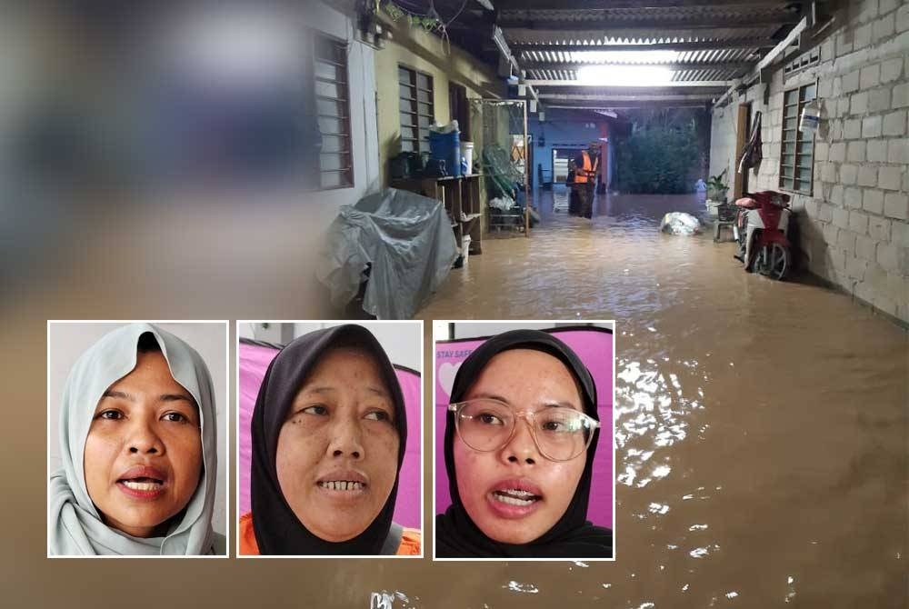 Keadaan air yang naik dengan cepat di Kampung Sungai Tiram, Ulu Tiram, Johor Bahru pada Rabu. Gambar kecil dari kiri: Ikhwana, Kusmawati, Norhaslinda