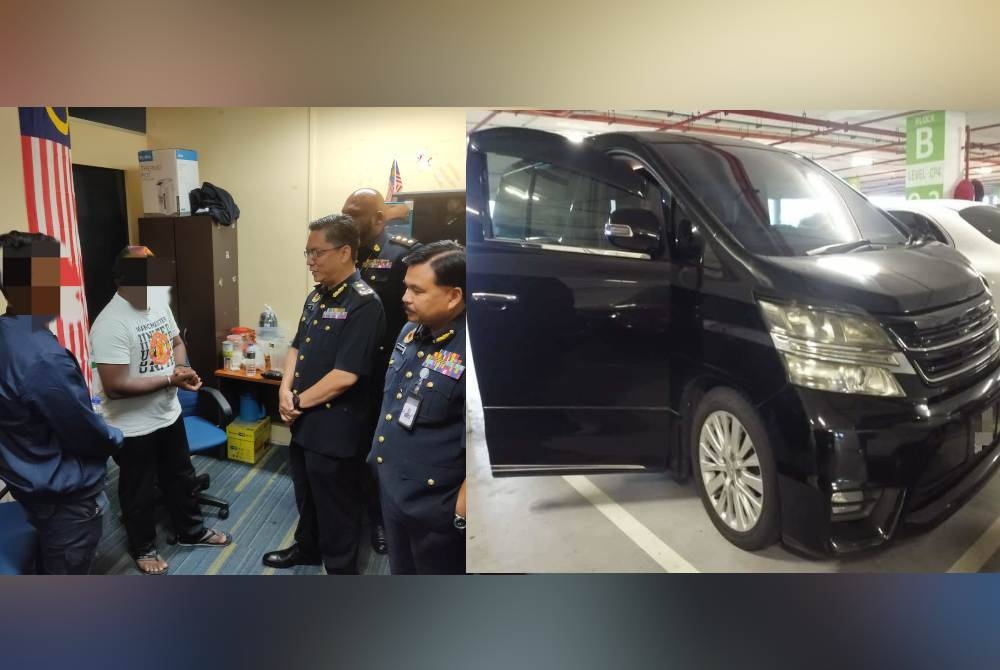 Azrin (tengah) menyoal siasat awal pemandu yang ditahan kerana terlibat aktiviti khidmat kereta sewa haram atau ulat di KLIA, pada Khamis. Toyota Vellfire yang disita selepas dipercayai diguna untuk aktiviti kereta sewa haram di KLIA2.