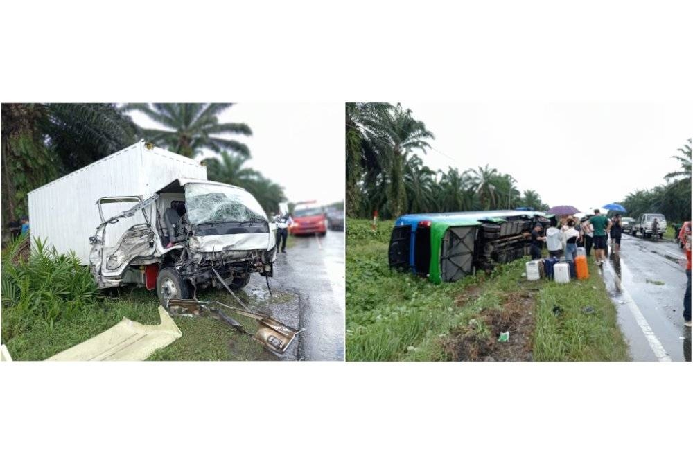 Bas persiaran membawa pelancong warga China terbalik selepas kemalangan dengan lori di Bulatan Lepa Jalan Semporna-Tawau.
