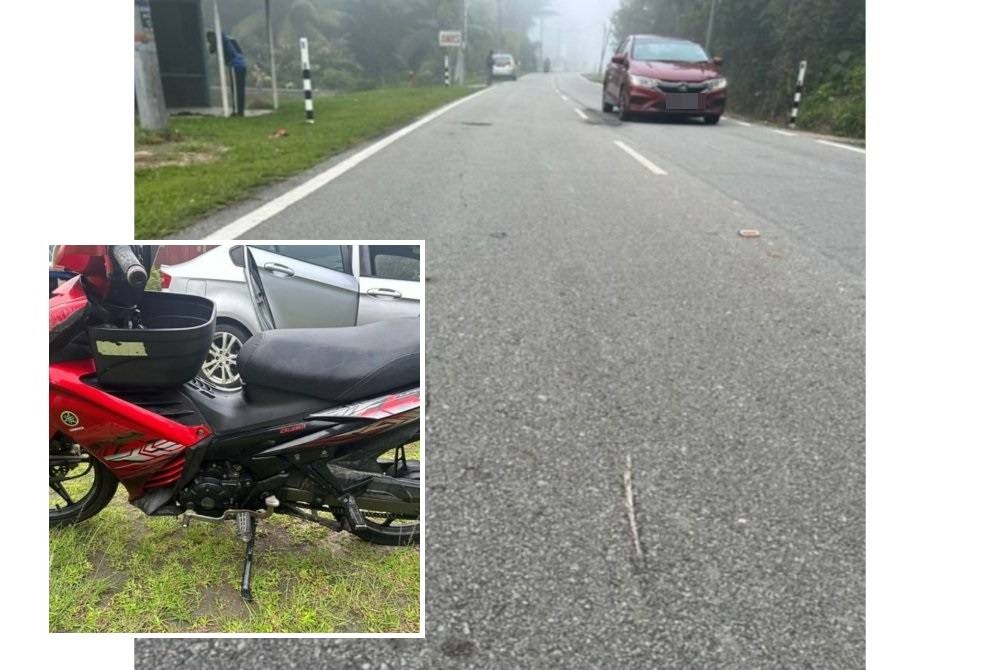 Lokasi kejadian kemalangan. (Keadaan motosikal mangsa selepas terbabit dengan kemalangan. - Foto ihsan PDRM)