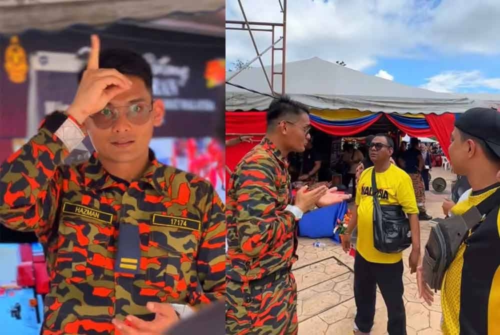 Interaksi mesra antara anggota bomba dengan pengunjung karnival keselamatan kebakaran di Ipoh, pada Ahad. Hazman (kiri).