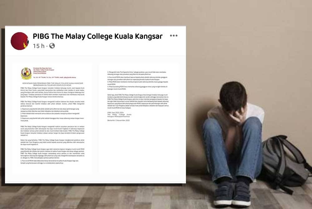 Kenyataan yang dimuat naik menerusi Facebook PIBG MCKK pada Ahad berhubung kejadian buli yang tular.