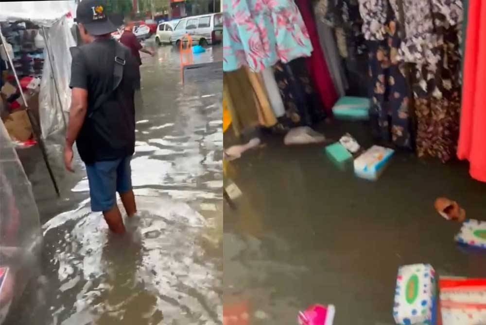 Banjir kilat menjejaskan operasi di Bazar Deepavali di Jalan Ungku Puan dan Jalan Segget, Bandar Raya Johor Bahru pada Isnin