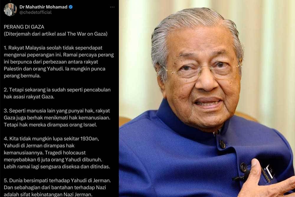 Tangkap layar hantaran menerusi akaun rasmi bekas Perdana Menteri, Tun Dr Mahathir Mohamad di aplikasi X pada Selasa.