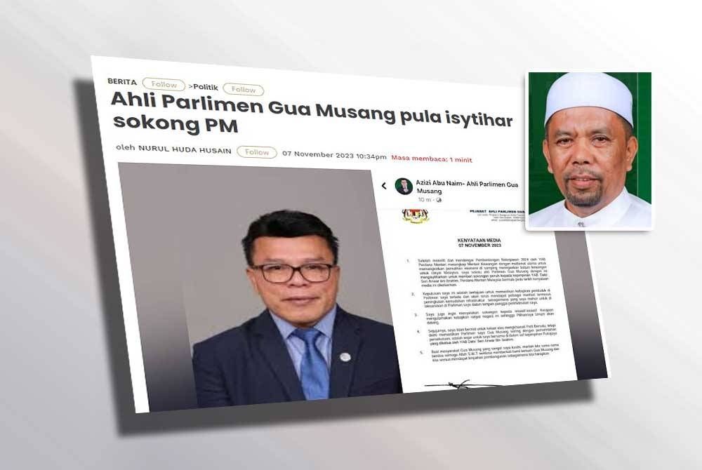 Sinar Harian pada Selasa melaporkan Mohd Azizi daripada PN mengisytiharkan sokongan kepada Perdana Menteri. (Gambar kecil: Wan Roslan)