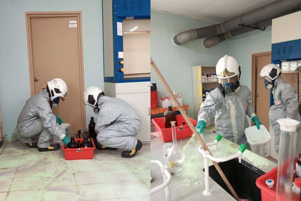 Unit Hazmat sedang membersihkan makmal yang dicemari oleh tumpahan asid dalam kejadian pagi Rabu. Gambar kanan: Tiga mangsa iaitu guru dan kakitangan sekolah dilaporkan selamat dalam kejadian tumpahan asid di sebuah sekolah di Teluk Kumbar.