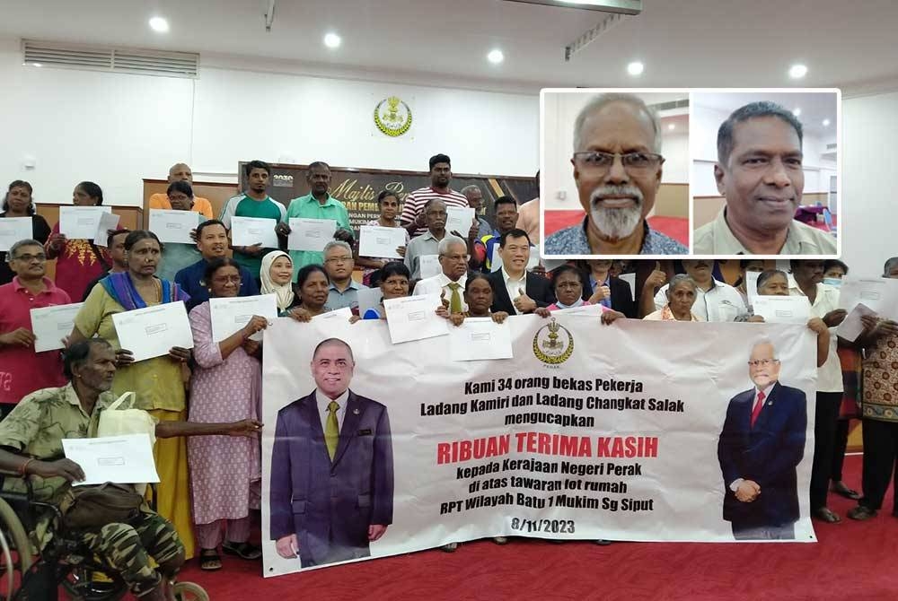 Sivanesan (tengah) bersama-sama bekas pekerja Ladang Kamiri, Sungai Siput selepas menyempurnakan Majlis Penyerahan Surat Tawaran Pemberimilikan Tanah Kerajaan di RPT Wilayah Batu 1 Mukim Sungai Siput di Dewan Serbaguna Pengarah Tanah dan Galian Negeri Perak pada Rabu. (Gambar kecil: MUNUSAMY dan KRISHNAN)