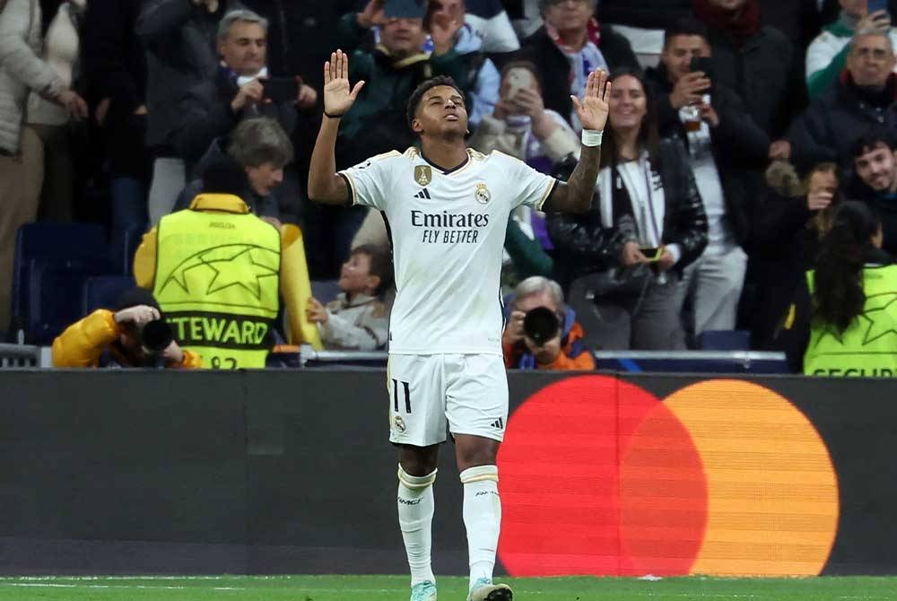 Rodrygo meraikan jaringan ketiga Real ketika berdepan Braga di Stadium Santiago Bernabeu, Madrid, awal pagi Khamis. - Foto AFP