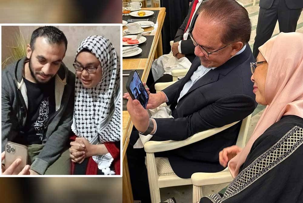 Anwar dan isteri, Datuk Seri Dr Wan Azizah Wan Ismail mengadakan panggilan video dengan Nurul Ain sebaik sahaja wanita itu dan suami berjaya melepasi Lintasan Sempadan Rafah. Gambar kecil: Nurul Ain dan suami, Mohamed bercakap dengan Anwar menerusi panggilan video.