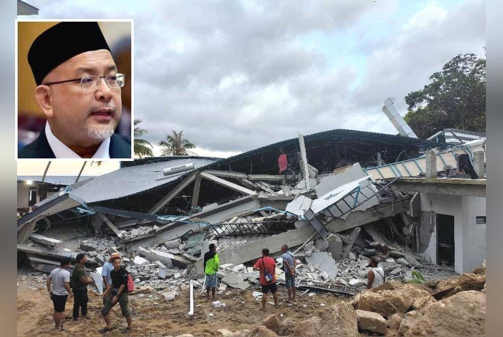 Keadaan sebuah resort di Pulau Perhentian yang runtuh menyebabkan dua buruh binaan terkorban dalam kejadian pada Khamis lalu. Gambar kecil: Wan Sukairi