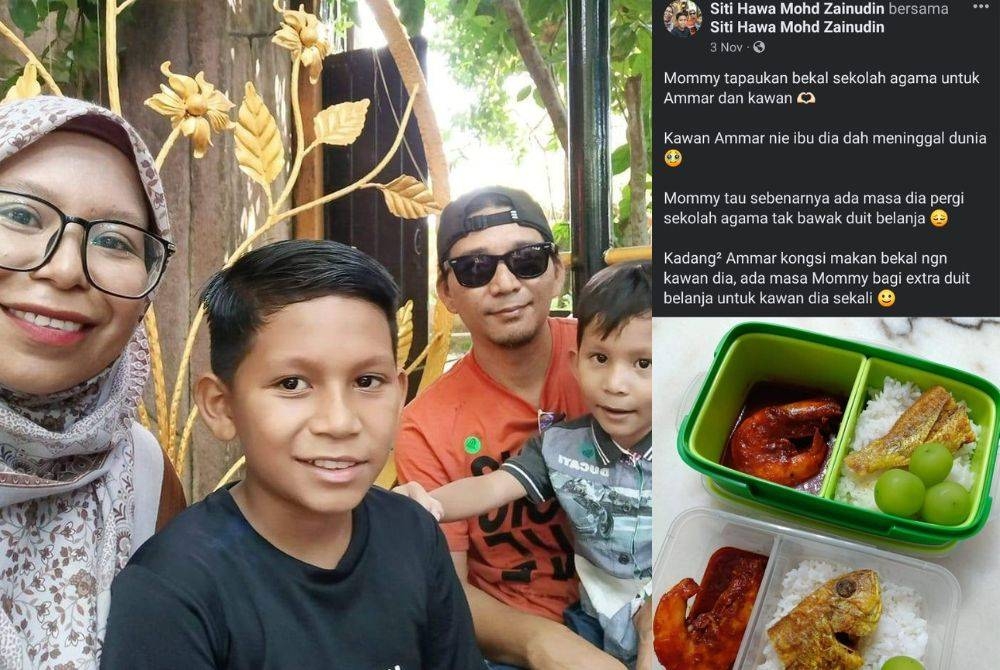 Siti Hawa bersama keluarganya. Gambar kanan: Status yang dimuat naik Siti Hawa baru-baru ini.