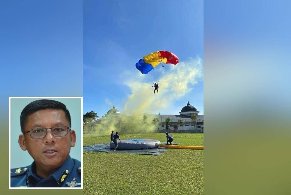 Pasukan payung terjun Bahagian Udara JBPM membuat latihan sempena majlis sambutan 25 Tahun Jubli Perak penubuhan bahagian itu pada Sabtu ini. Gambar kecil: Nazili Mahmood