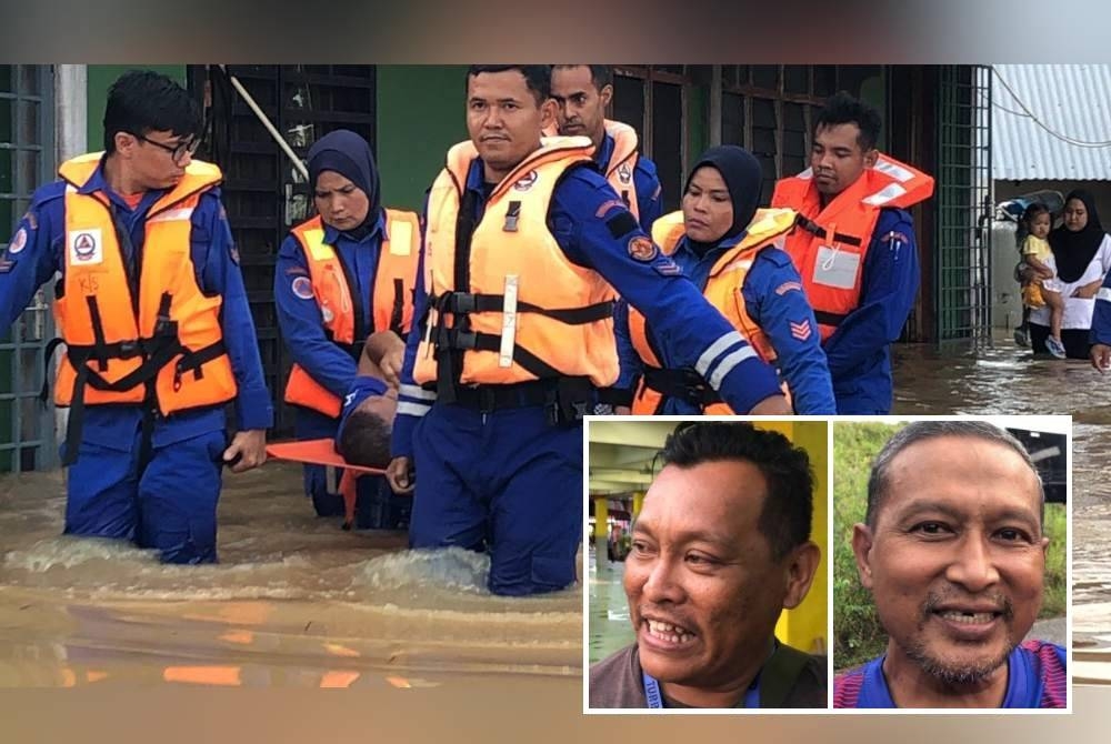 Anggota APM membantu mengangkat Satari yang tidak mampu berjalan untuk keluar dari kawasan rumahnya yang ditenggelami air di Kampung Bohor, di Alor Setar pada petang Selasa. Gambar kecil: Megat, Satari