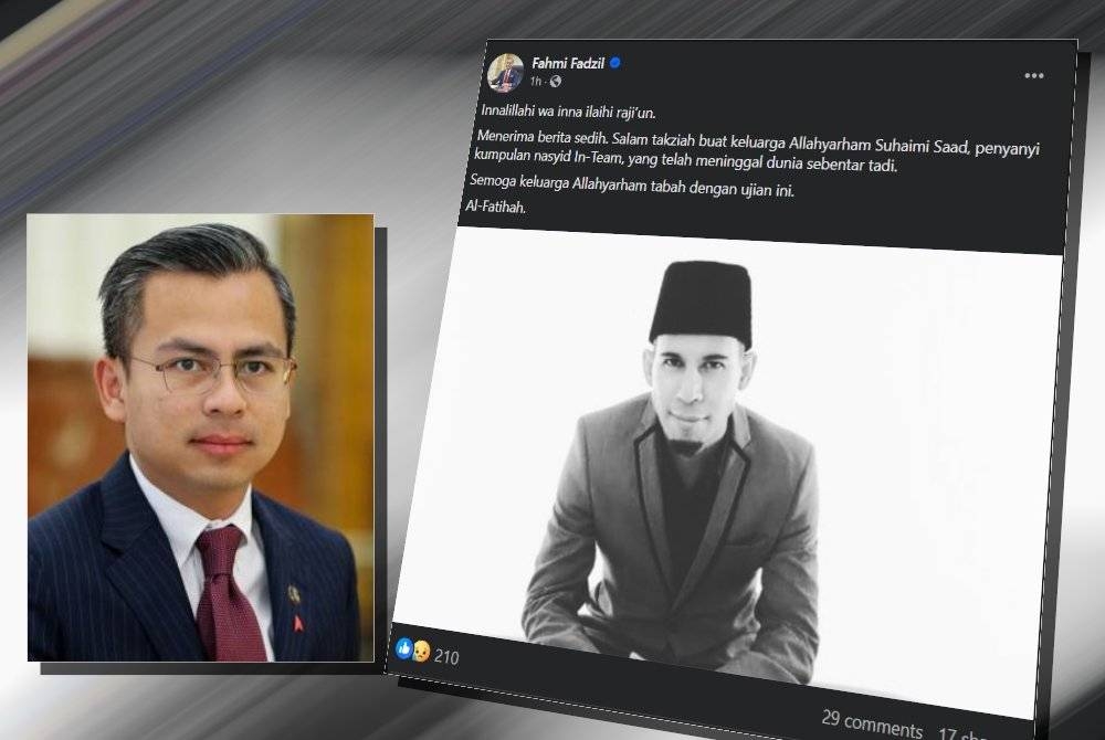 Tangkap layar hantaran oleh Menteri Komunikasi dan Digital, Fahmi Fadzil yang menzahirkan ucapan takziah buat Allahyarham Mohd Suhaimi Saad.