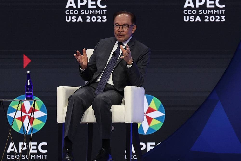 Anwar ketika sesi soal jawab di Sidang Kemuncak Ketua Pegawai Eksekutif APEC Ke-30 di San Francisco pada Rabu. Foto: Bernama