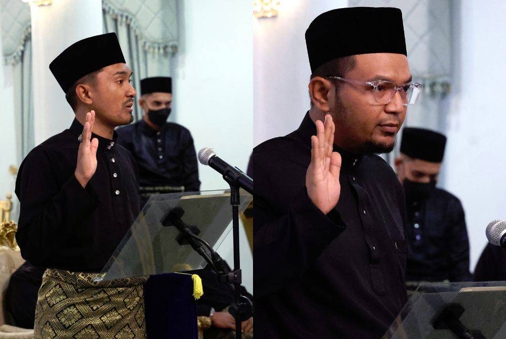 Asrul Aimran (kiri) dan Wan Zikri mengangkat sumpah jawatan di hadapan Tuanku Syed Sirajuddin pada Istiadat Pelantikan dan Mengangkat Sumpah Jawatan Ahli-Ahli Majlis Mesyuarat Kerajaan Negeri Perlis di Istana Arau, pada Khamis. - Foto Bernama