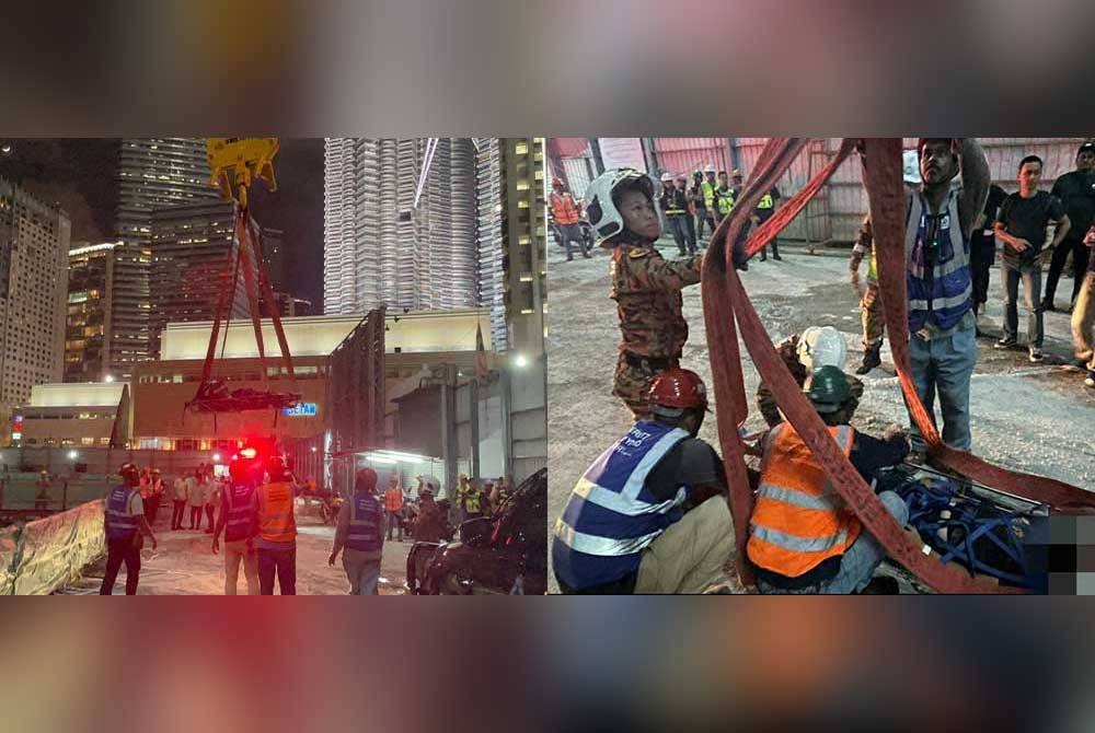 Anggota Bomba dan Penyelamat menurunkan seorang pekerja operator menara kren yang ditemui meninggal dunia di sebuah tapak pembinaan di Kuala Lumpur pada Khamis. - Foto ihsan Bomba dan Penyelamat Kuala Lumpur Gambar kanan: Mangsa berjaya dibawa turun oleh anggota dengan menggunakan bantuan dari menara kren bersebelahan pada Khamis. - Foto ihsan Bomba dan Penyelamat Kuala Lumpur