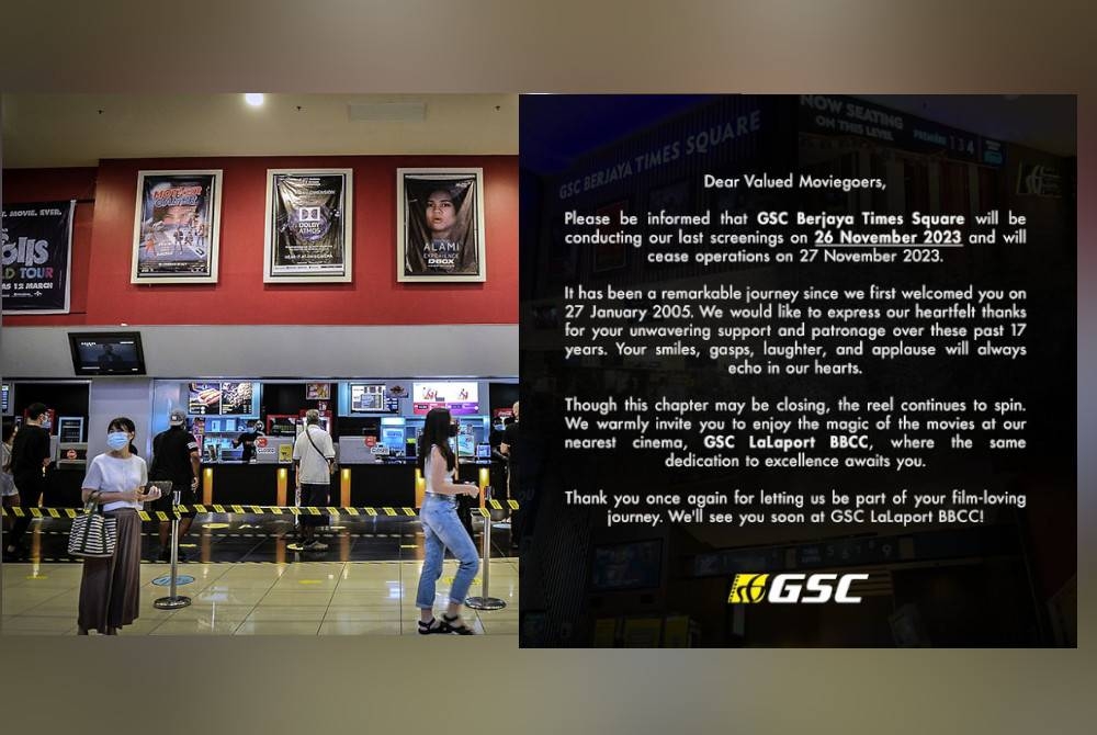 Pawagam Golden Screen Cinemas (GSC) Berjaya Times Square bakal menamatkan operasi secara kekal pada 27 November 2023. Gambar hiasan