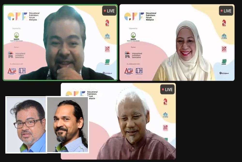 Tangkap layar perbincangan dan perkongsian ilmu dalam webinar Penerbit Pendidikan Malaysia pada Rabu. Gambar kecil: Sheikh Faisal dan Sothinathan